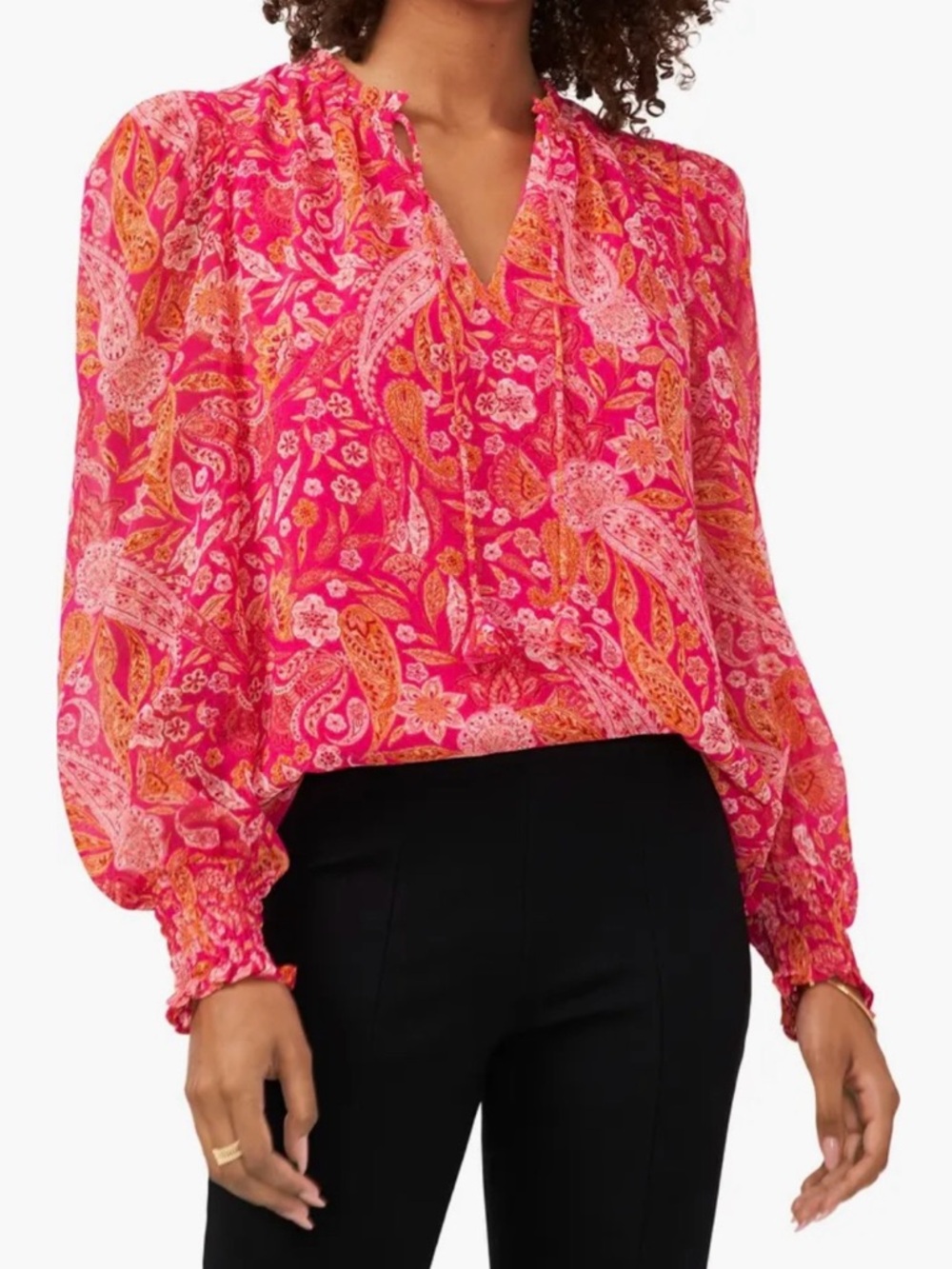 CeCe Fuchsia & Coral Paisley Tie-Neck Blouse